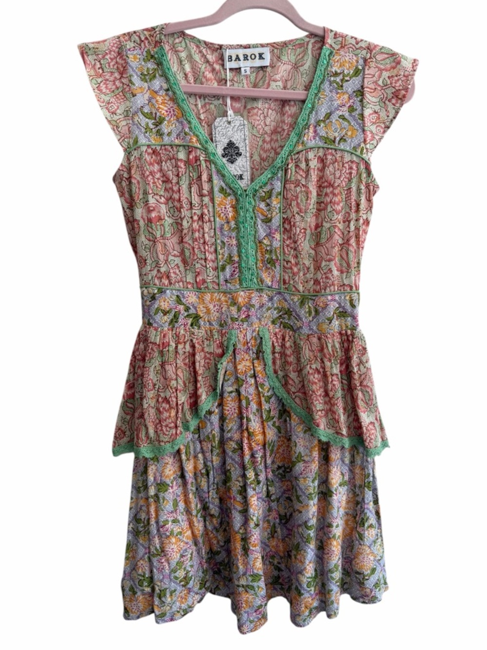 Barok Paris Floral Midi Dress Lace‎ Metallic Ruffle Size Small NWT Boho - Picture 2 of 10